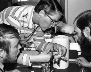 Brina Kessel, Steve MacDonald, and Dan Gibson pose in the prep lab (undated)